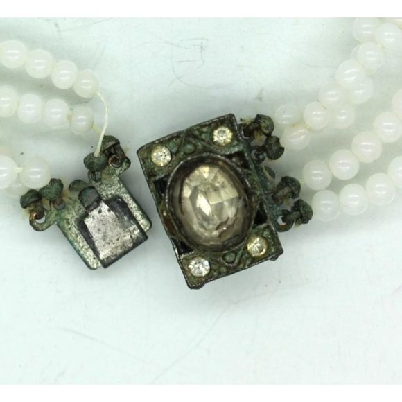 ANTIQUE WHITE GLASS RHINESTONE bead 4 strand necklace 15" - Picture 7 of 9